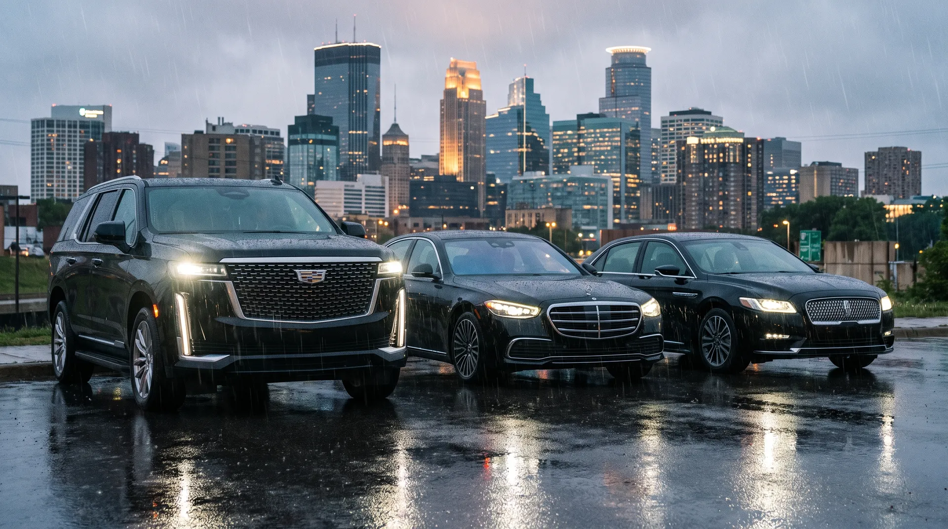 The Total Town Car fleet, a black Cadillac Escalade, Mercedes-Benz S-Class and Lincoln Continental, lined up on a wet road in front of the Minneapolis skyline at dusk