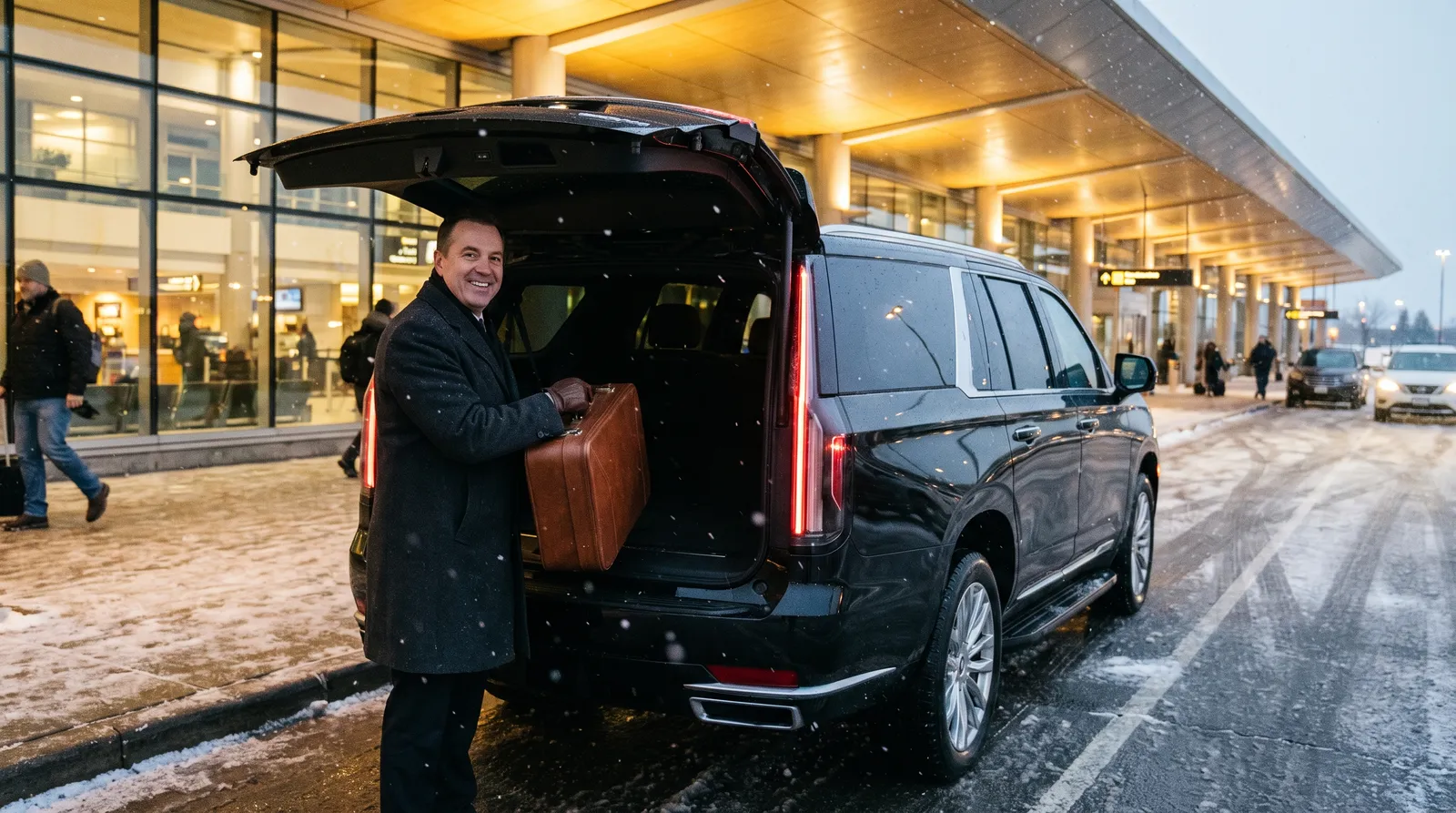 Chauffeur loading a suitcase into a black Cadillac Escalade at the MSP departures curb on a snowy evening