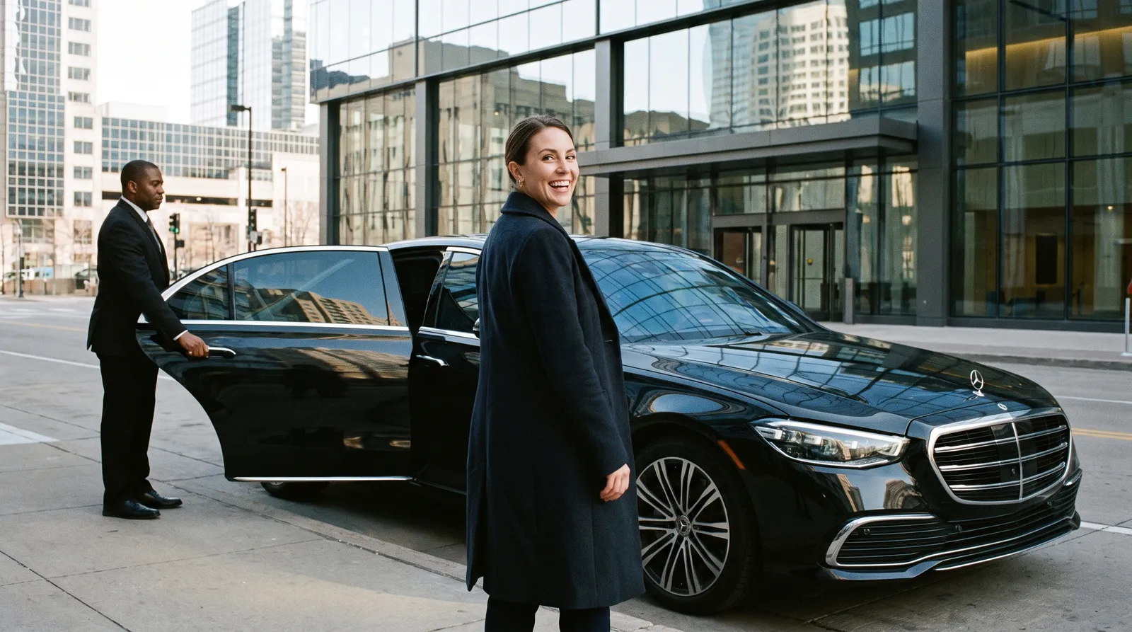 Executive stepping out of a black Mercedes-Benz S-Class outside a downtown Minneapolis office tower