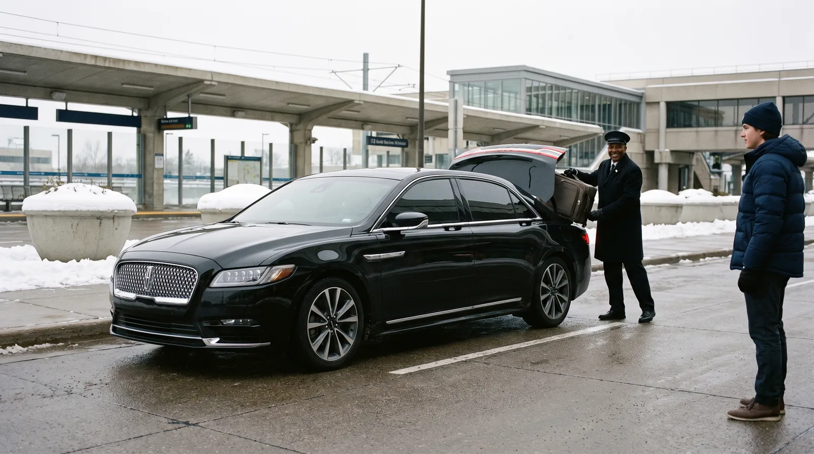 Traveler with a suitcase greeting a smiling chauffeur beside a black Lincoln Continental at the MSP Terminal 2 pickup curb