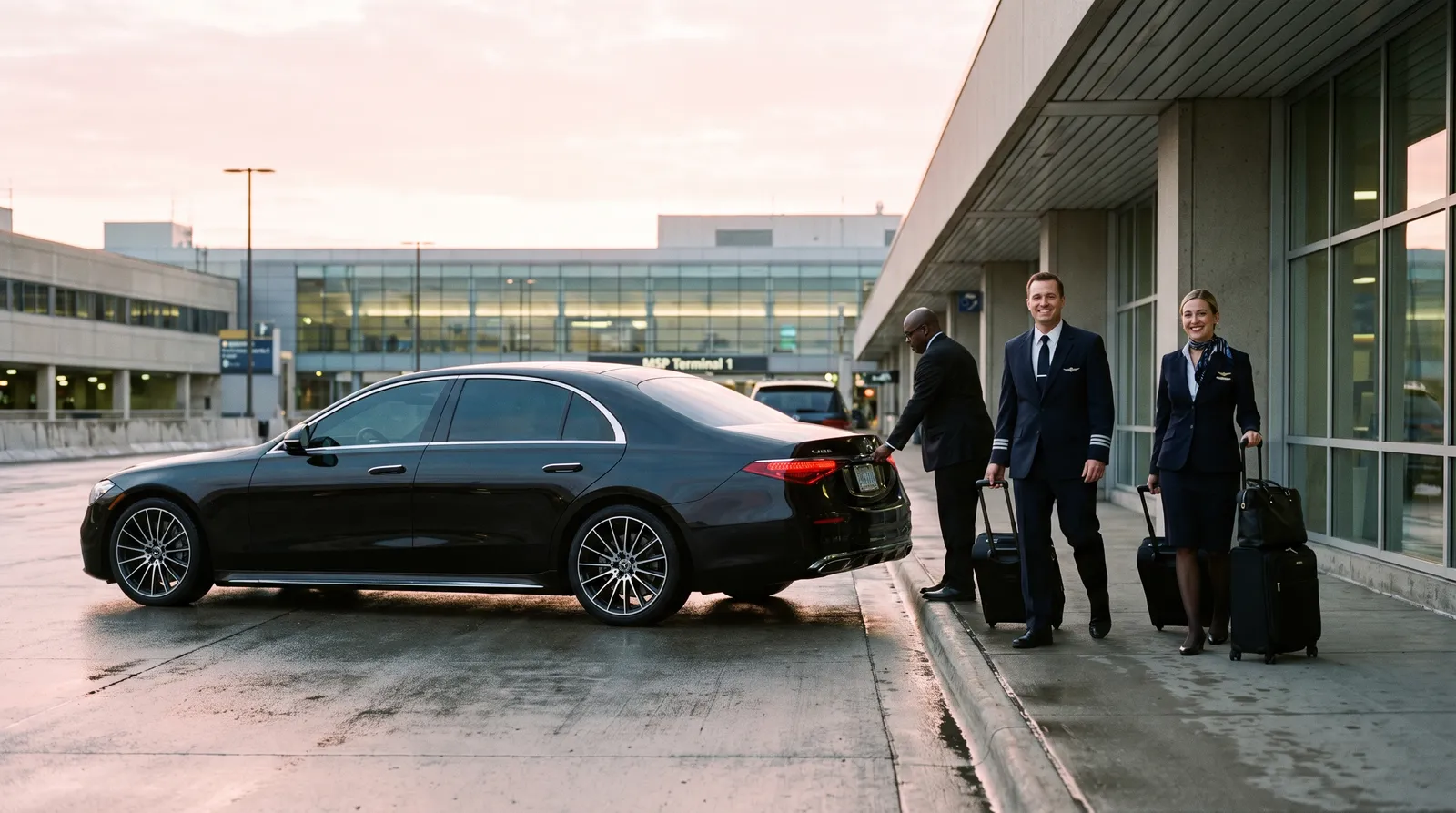 Black Mercedes-Benz S-Class at the MSP Terminal 1 departures curb at dawn with a smiling pilot and flight attendant stepping onto the sidewalk