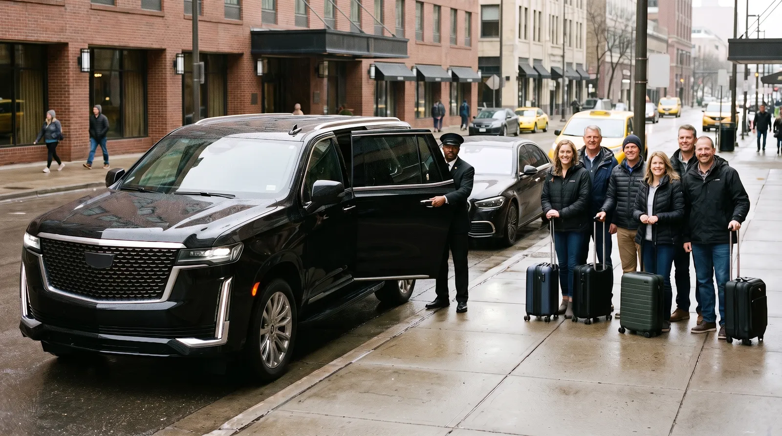 Black Cadillac Escalade and Mercedes S-Class staged nose to tail at a downtown Minneapolis hotel entrance with a group of smiling travelers on the sidewalk